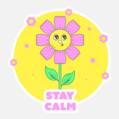 Etiket Stili Karikatür Çiçeği ile İstiridye Kalması, Sarı ve Gri Arkaplanda Yıldızlar.