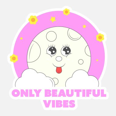 Sadece Dolunay, Bulutlar, Yıldızlar, Pembe Üzerindeki Çiçekler ve Gri Arkaplanlı Güzel Titreşimler metni.