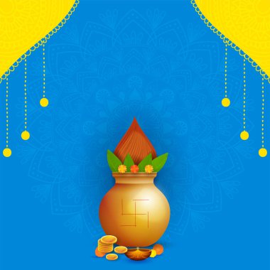 Altın Ot (Kalash) Bozuk Para, Yağ Lambası (Diya), Marigold Çiçekleri ve Mavi ve Sarı Mandala Arkaplanındaki Boşluğu Kopyala.