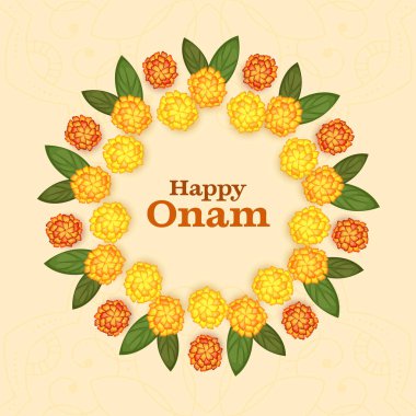 Marigold Çiçekleri ve Mango ile Mutlu Onam Mektupları Pastel Sarı Pastel Paisley Arkaplanda Dairesel Şekilde Bırakıyor.