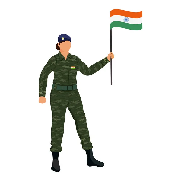 在白人背景下举着印度国旗的无脸女兵 — 图库矢量图片