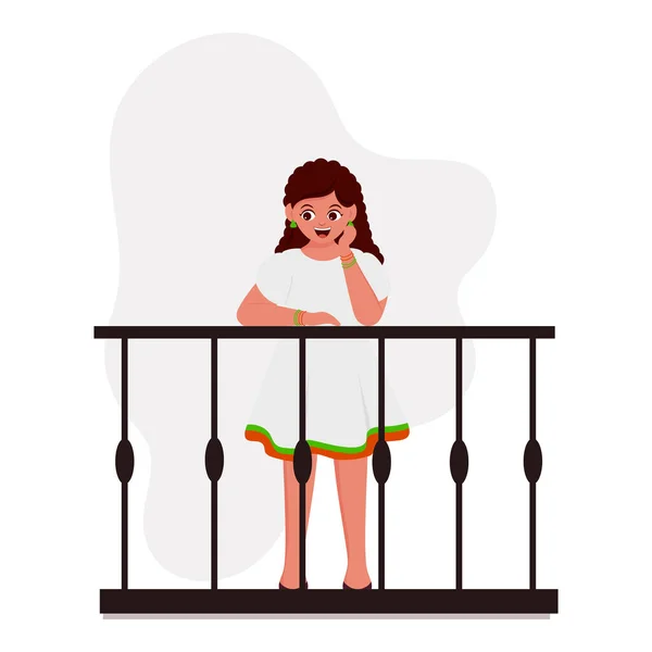 Illustration Cute Girl Standing Balcony White Background — Stock Vector