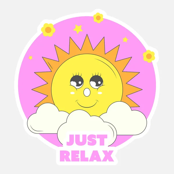 Sticker Style Just Relax Lettrage Avec Smiley Soleil Fleurs Étoiles — Image vectorielle