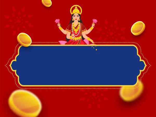 Wealth Goddess Lakshmi Character Flying Golden Coins Copy Space Blue — Stock Vector