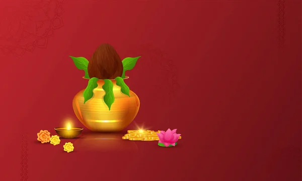 Zlatý Uctívání Květináč Kalash Lesklými Mincemi Lit Oil Lamp Diya — Stockový vektor