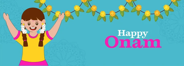 Happy Onam Celebration Banner Design Cheerful Girl Raising Hands Floral — Stock Vector