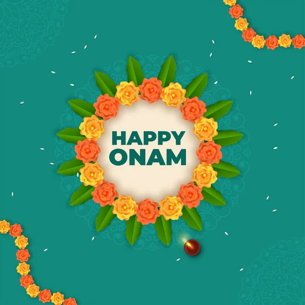 Happy Onam Font Circular Frame Made Marigold Flowers Mango Leaves — Vettoriale Stock