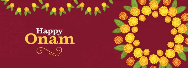 Happy Onam Celebration Banner Design Decorato Con Fiori Calendula Foglie — Vettoriale Stock