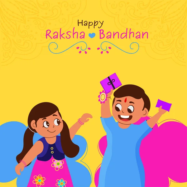 Ευτυχισμένο Raksha Bandhan Ευχετήρια Κάρτα Κορίτσι Που Προσπαθεί Αρπάξει Κουτιά — Διανυσματικό Αρχείο