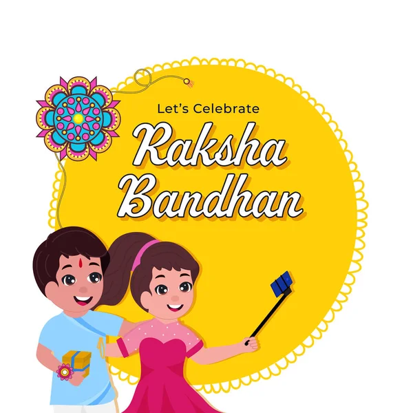 Pojďme Oslavit Raksha Bandhan Blahopřání Veselá Dívka Selfie Svým Bratrem — Stockový vektor