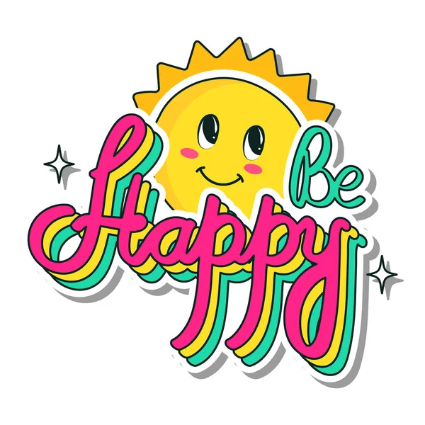 Estilo Adesivo Colorido Happy Font Com Smiley Sun Fundo Branco —  Vetores de Stock