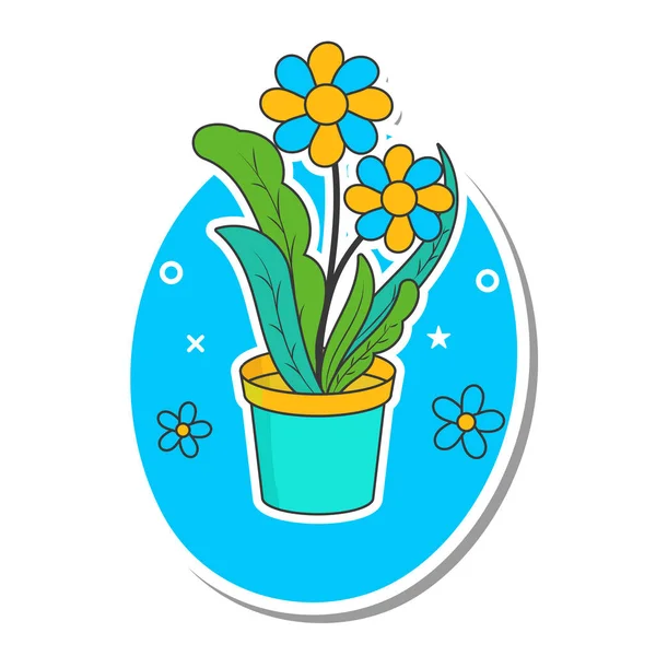 Klistermärke Stil Blomma Pot Element Blå Och Vit Bakgrund — Stock vektor