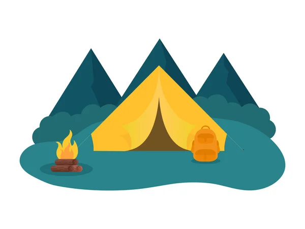 Tienda Camping Vectorial Con Mochila Hoguera Montaña Azul Fondo Blanco — Vector de stock