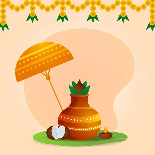 Ilustración Maceta Adoración Kalash Con Coco Lámpara Aceite Ligero Diya — Vector de stock