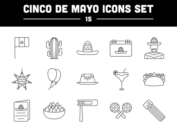 Black Line Art Set Cinco Mayo Icons — Stock Vector