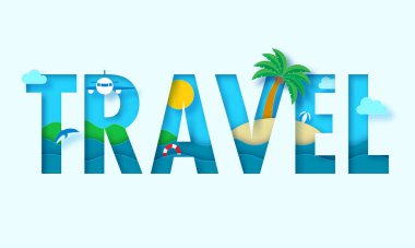Paper Cut Travel Font With Airplane, Fish, Sun, Lifebuoy, Coconut Tree And Beach View Against Background.
