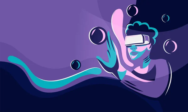 Vector Illustration Human Touching Virtual Object Box Purple Blue Background — Vetor de Stock