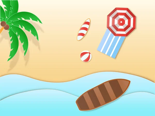 Bovenaanzicht Van Strand Achtergrond Met Kokosnoot Boom Paraplu Surfplank Bal — Stockvector