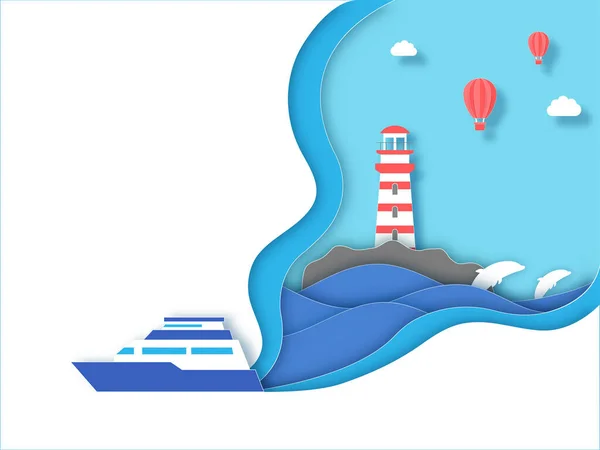Blue White Paper Layer Cut Background Lighthouse Hot Air Balloons — Stockový vektor