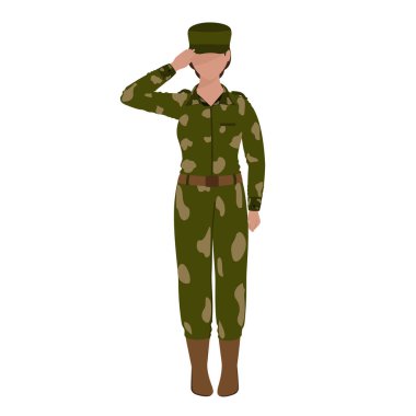 Faceless Army Female Officer Saluting In Standing Pose Against White Background.