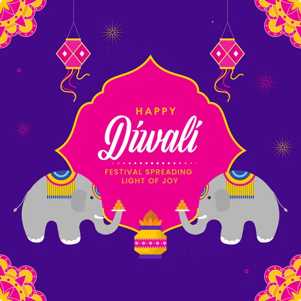 Happy Diwali Greeting Card Elephant Animals Traditional Pot Kalash Lantern — Stockvektor