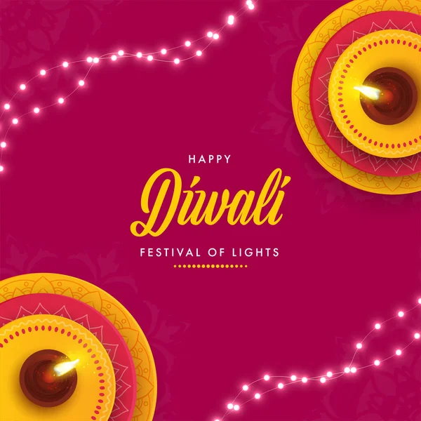 Happy Diwali Viseting Card Top View Lit Oil Lamps Diya — стоковий вектор