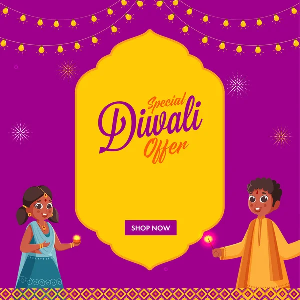 Diwali Prodej Plakát Design Indickými Dětmi Drží Šumivé Tyčinky Osvětlení — Stockový vektor