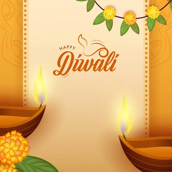 Happy Diwali Lettering Lit Oil Lamps Diya Flowers Leaves Decorated — Stock Vector