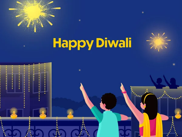 Ευτυχισμένο Υπόβαθρο Εορτασμού Diwali Παιδιά Αναζητούν Πυροτεχνήματα Στο Μπαλκόνι — Διανυσματικό Αρχείο