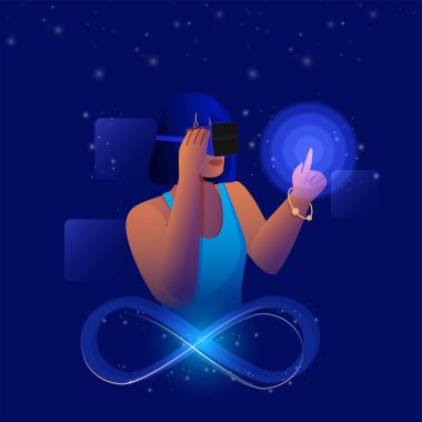 VR Kutusundan Sanal Nesnelere Dokunan Genç Kadın Mavi Işıklar Sembolü Metaverse Teknoloji Konsepti İçin Arka plan Efekti.