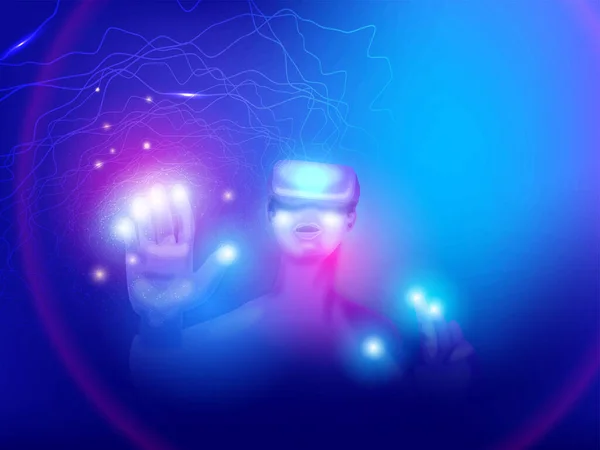 Man Wearing Glasses Virtual Connection Metaverse Blue Shiny Abstract Background — Stok Vektör