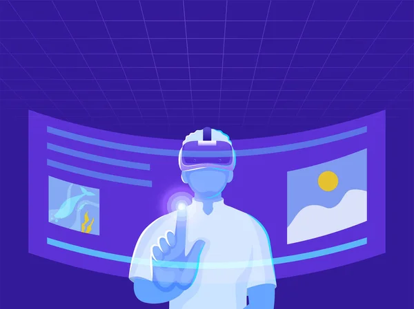 Cartoon Man Touching Virtual Screen Display Glasses Violet Grid Background — Stock vektor