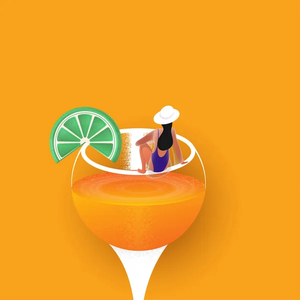 Female Swimmer Lemon Slice Cocktail Glass Orange Background — Vetor de Stock