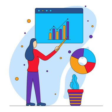İş kadını, turta grafiğiyle Infographic Chart 'ı sunar, Mavi ve Beyaz Arkaplanda Bitki Saksısı.