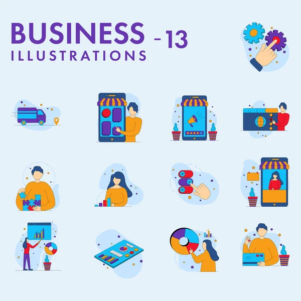 Set Business Illustrations Official Employees Blue Background — Vettoriale Stock