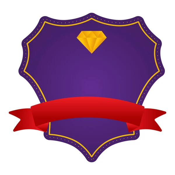 Purple Blank Diamond Shield Badge Frame Red Ribbon White Background — Archivo Imágenes Vectoriales