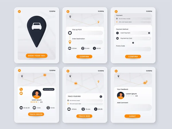 Online Taxi Booking App Template Design Six Options — Vettoriale Stock