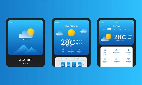 Weather Mobile App Kit Social Media Post Set Blue Background — Vettoriale Stock