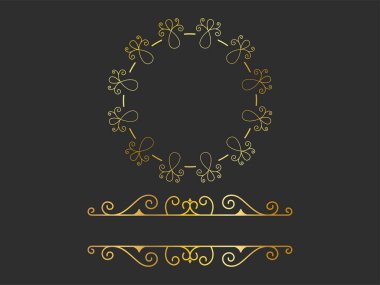 Golden Motif Or Flourish Emblem And Copy Space On Black Background.