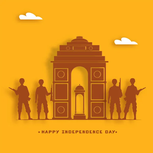 Konzept Zum Indischen Unabhängigkeitstag Mit India Gate Monument Und Soldatensilhouette — Stockvektor