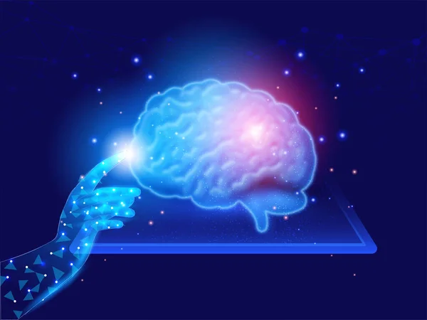 Gesundheitskonzept Mit Menschlichen Händen Die Virtuelles Menschliches Gehirn Berühren Auftauchen — Stockvektor
