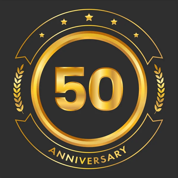 Golden 50Th Anniversary Emblem Logo Laurel Wreath Black Background — Vetor de Stock