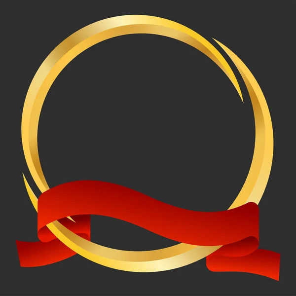 Golden Empty Frame Red Ribbon Black Background — Stock Vector