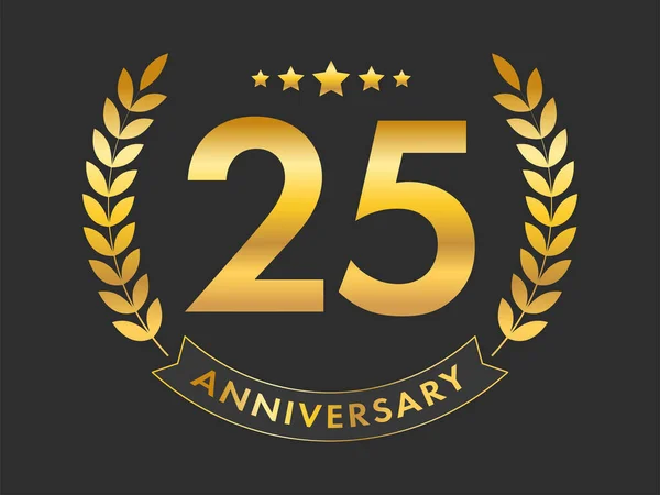 Golden 25Th Anniversary Emblem Laurel Wreath Black Background — Διανυσματικό Αρχείο