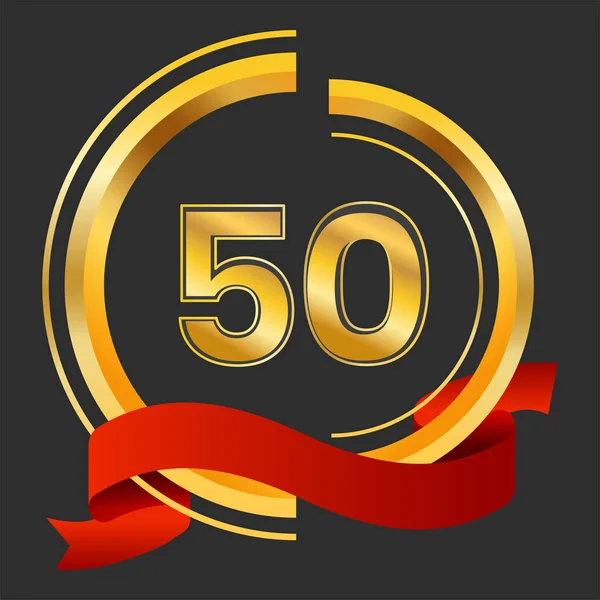 Golden 50Th Emblem Logo Red Ribbon Black Background — Vettoriale Stock