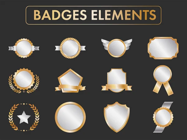 Golden Silver Empty Badge Labels Set Black Background — Stock Vector