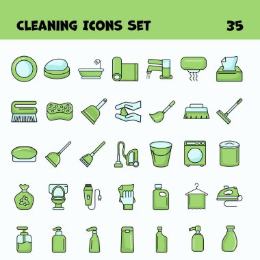 Green And Blue Color Set Of Cleaning Icons Set In Flat Style.