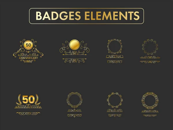 Set Golden Badges Emblem Motif Logo Elements Black Background — Image vectorielle