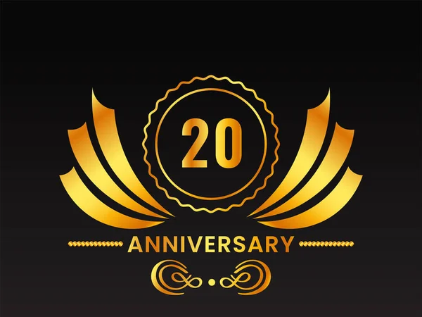 Gouden 20E Verjaardag Embleem Badge Label Zwarte Achtergrond — Stockvector