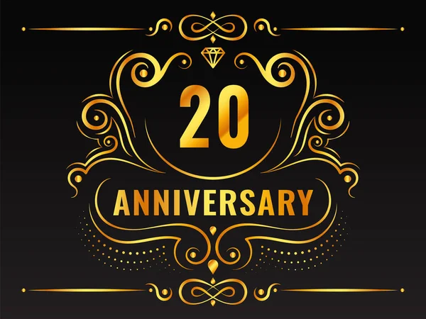 Golden 20Th Anniversary Emblem Motif Black Background — Stok Vektör